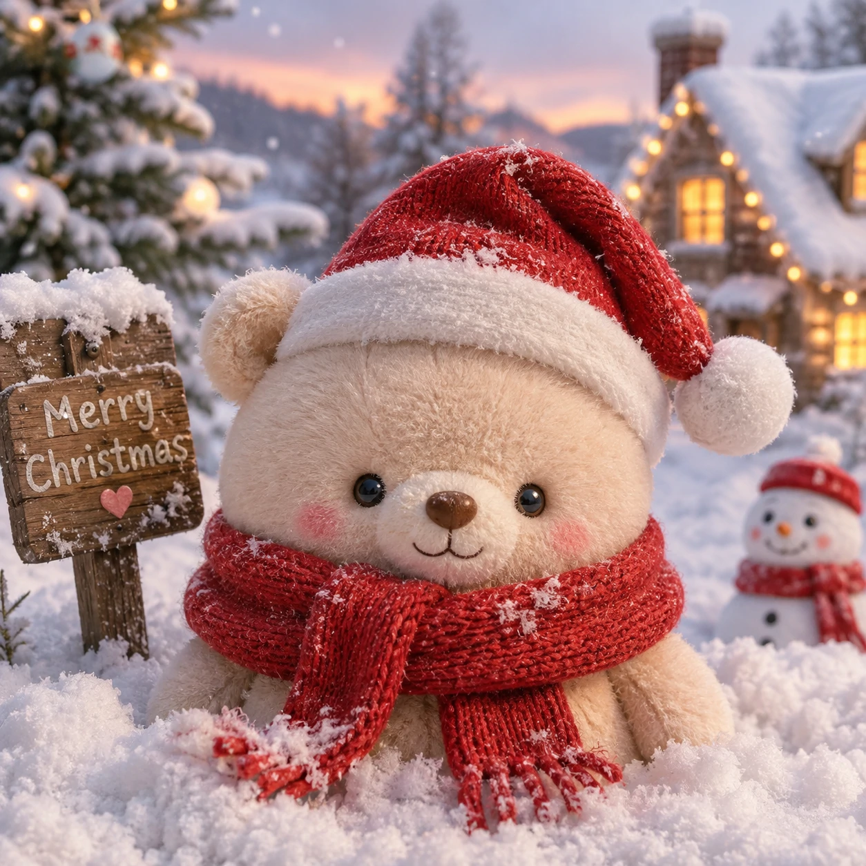 Cute Christmas PFP of a fluffy plush bear wearing a red knit scarf and Santa hat in soft snow