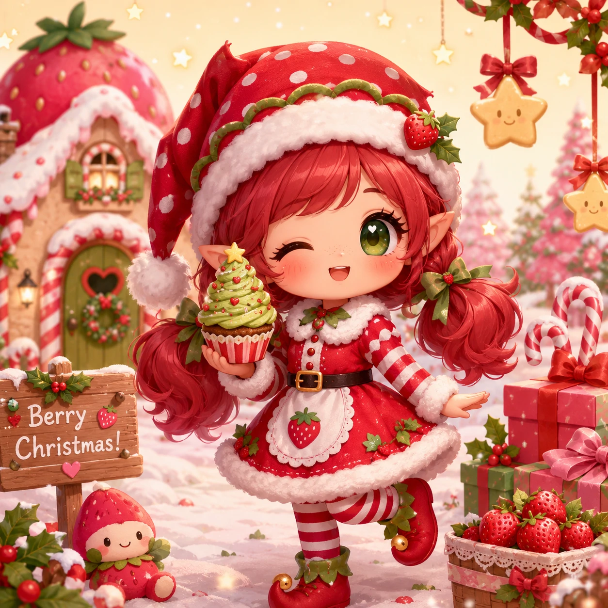 Cute Christmas PFP of a chibi girl dressed as a strawberry shortcake elf with red-and-white outfit
