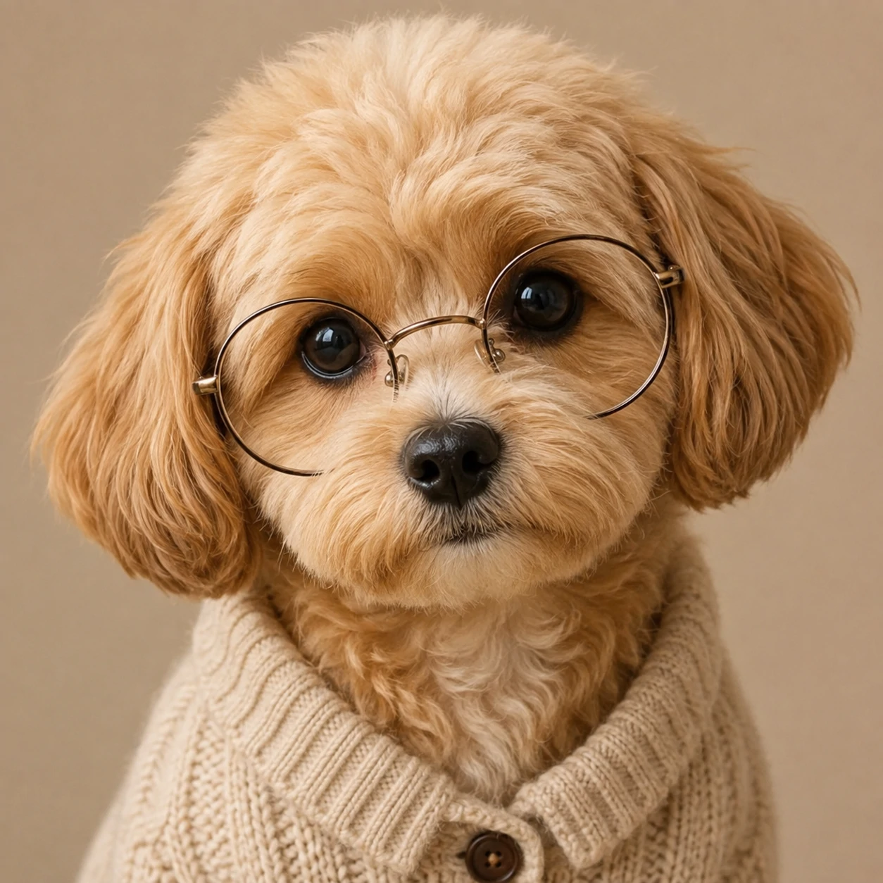 Cute dog wearing round glasses with a scholarly mood