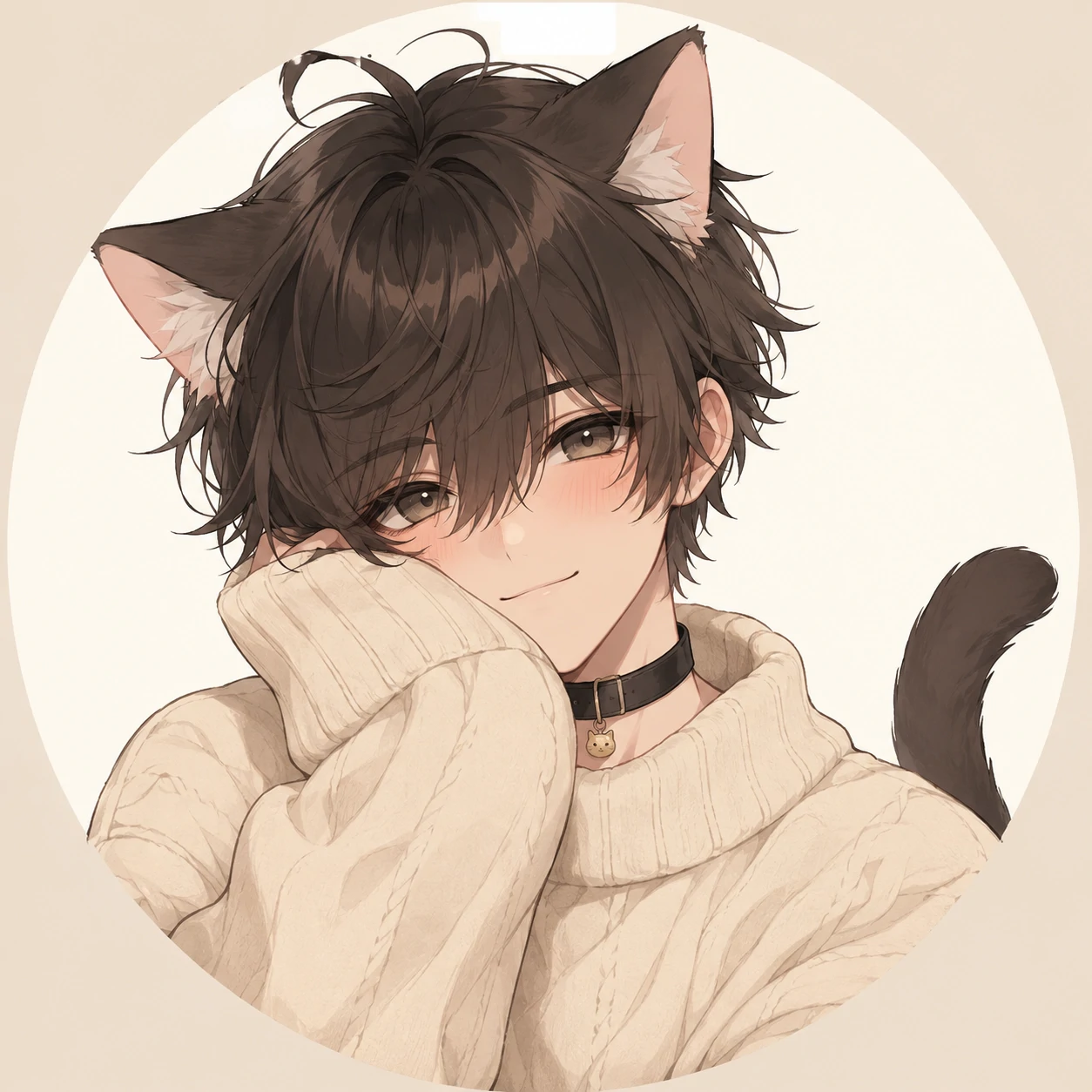 Cute catboy femboy pfp in a cream sweater with soft smile