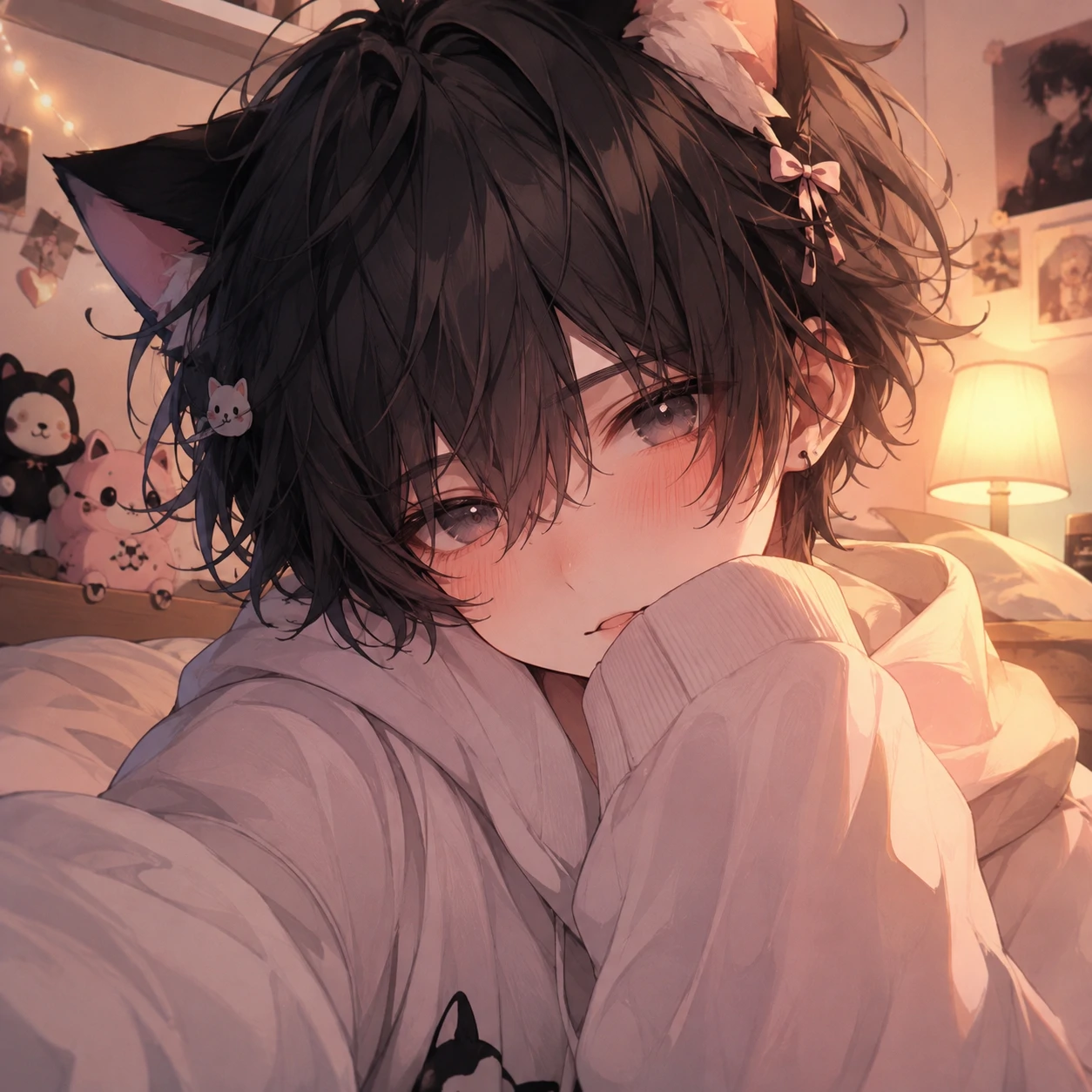 Cute femboy profile picture in cozy bedroom light with oversized sleeves