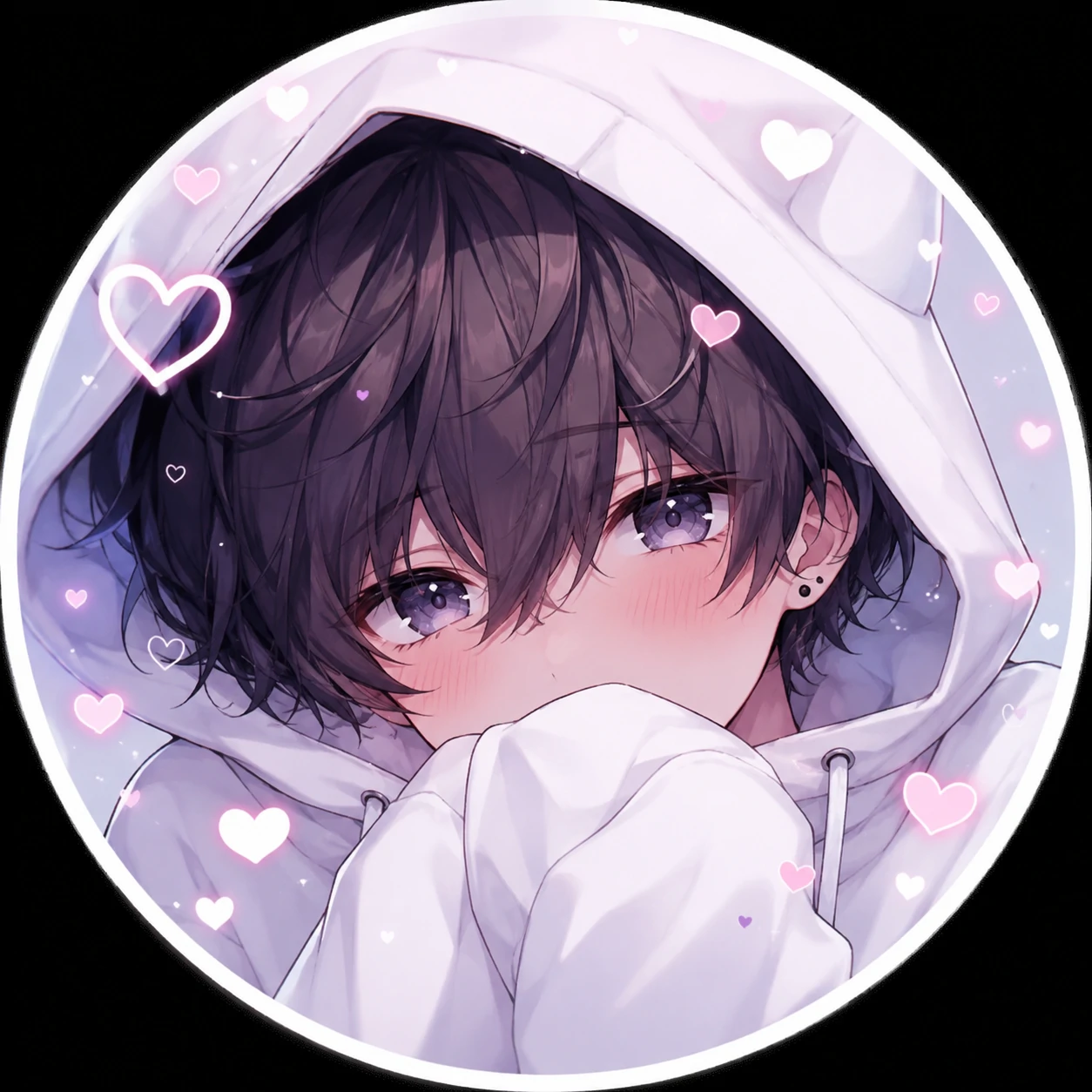 Cute femboy profile picture with white hoodie and tiny heart overlay