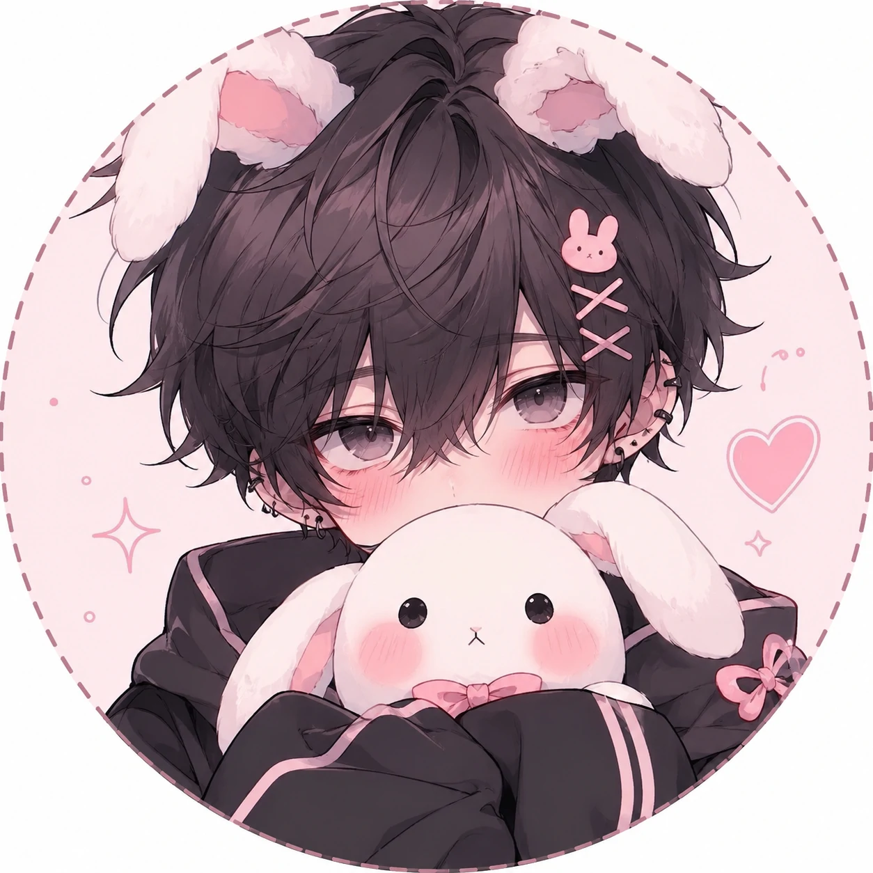 Cute femboy pfp holding a plush bunny with rosy cheeks