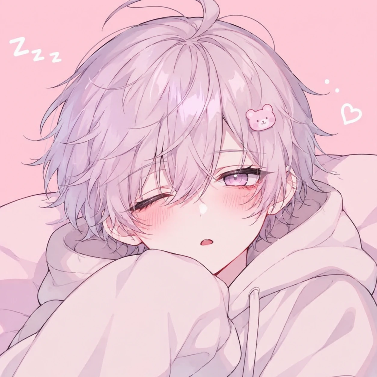 Cute femboy pfp with sleepy eyes, pastel background, and soft blush