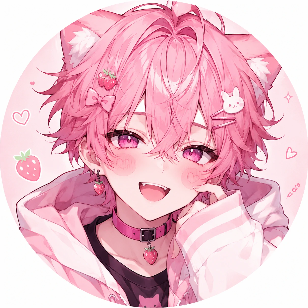 Cute femboy pfp with strawberry pink hair and round blush marks