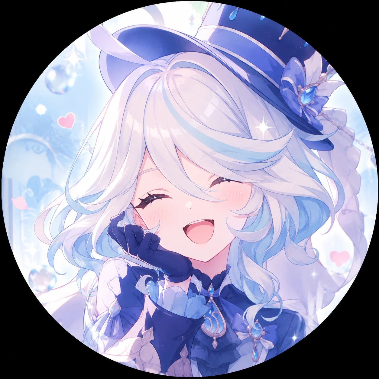 cute-furina-pfp-pastel-laugh Cute Furina pfp showing a pastel laugh and soft glowing blue lighting