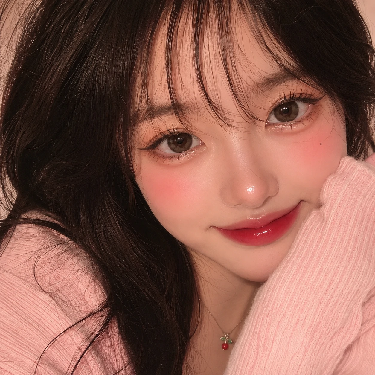 Cute girl pfp with cherry lip tint, glossy eyes, and rosy cheeks