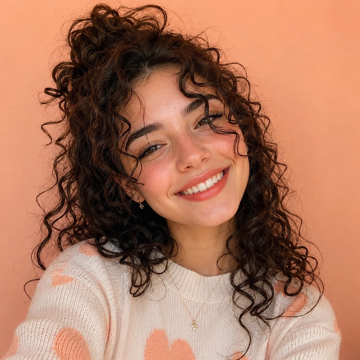 Cute girl pfp with curly hair, bright smile, and peach-toned background