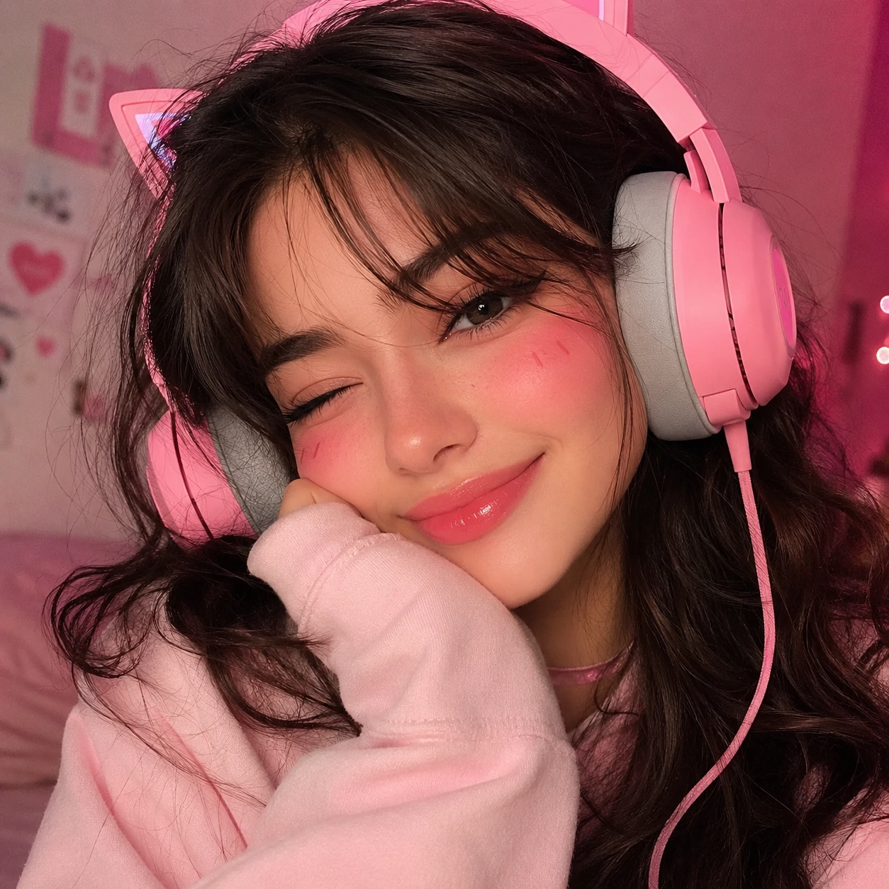 Cute girl pfp wearing pink headphones with blush makeup and soft lighting