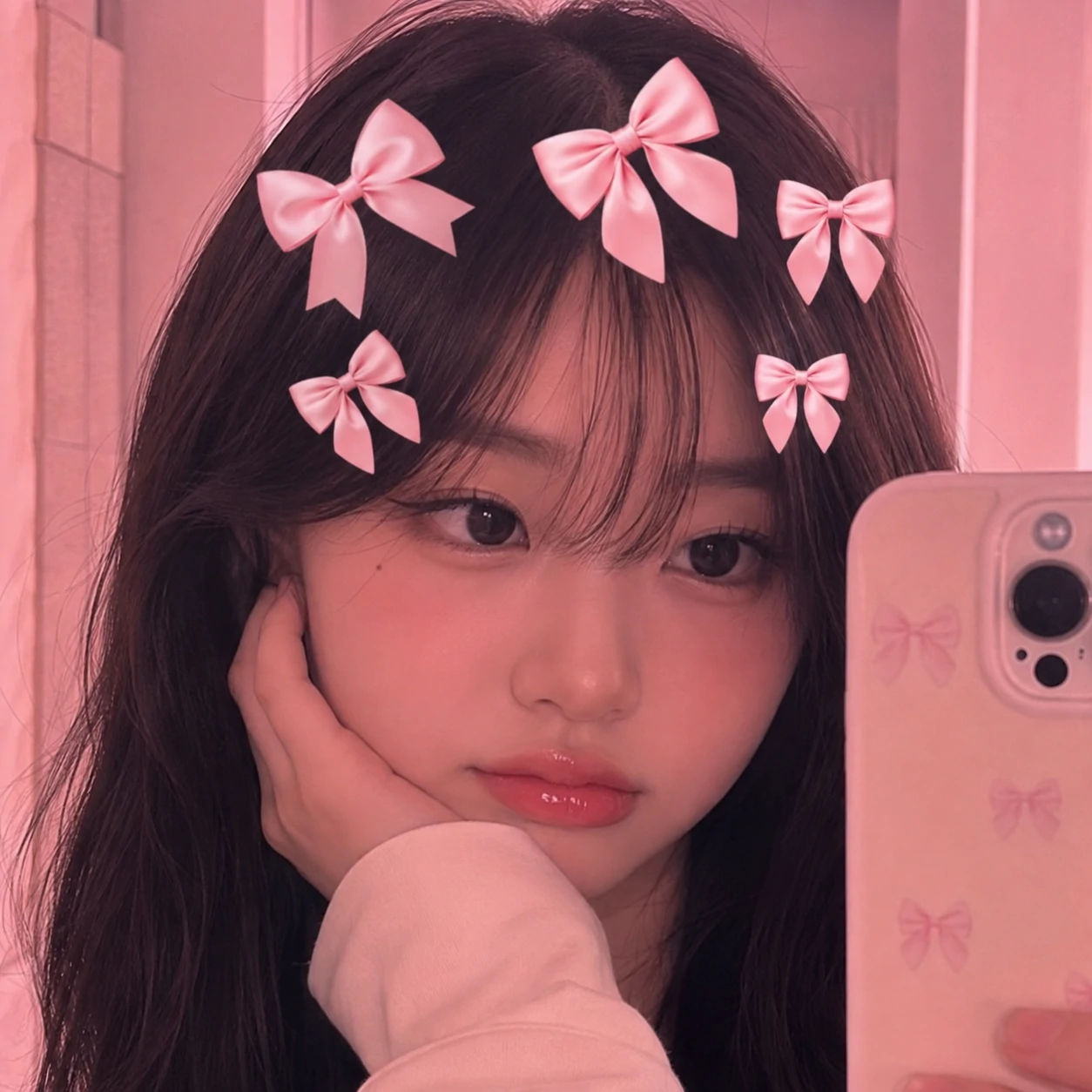 Cute girl pfp selfie with bow filter, glossy lips, and soft pink light