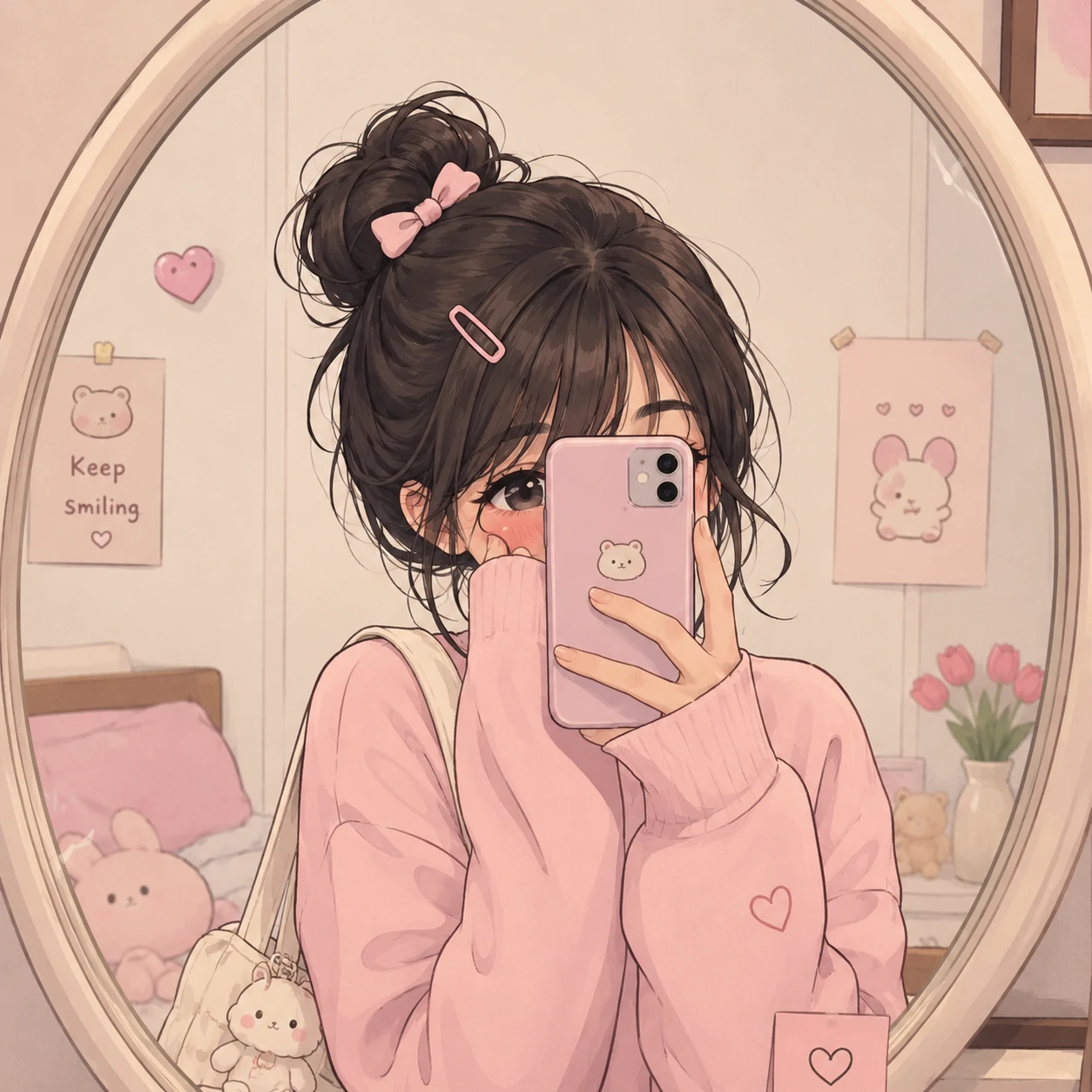 Cute cartoon girl pfp with shy mirror pose and pastel outfit