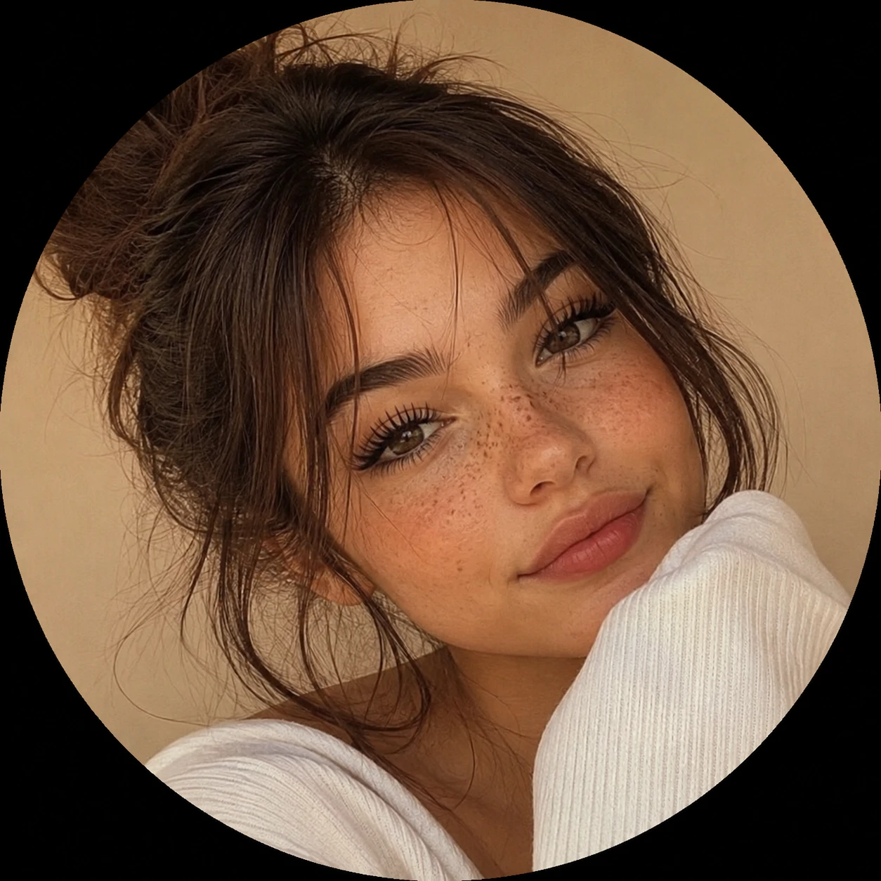 Cute girl pfp with freckles, fluffy lashes, and a warm beige background