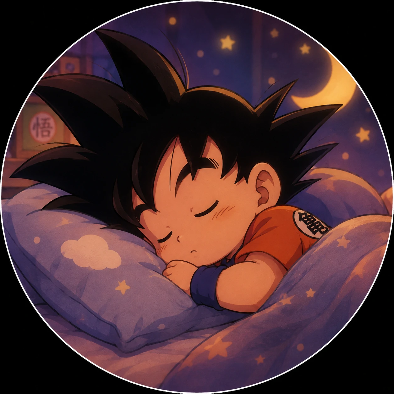 Sleeping cute Goku PFP on a pillow, cozy anime avatar