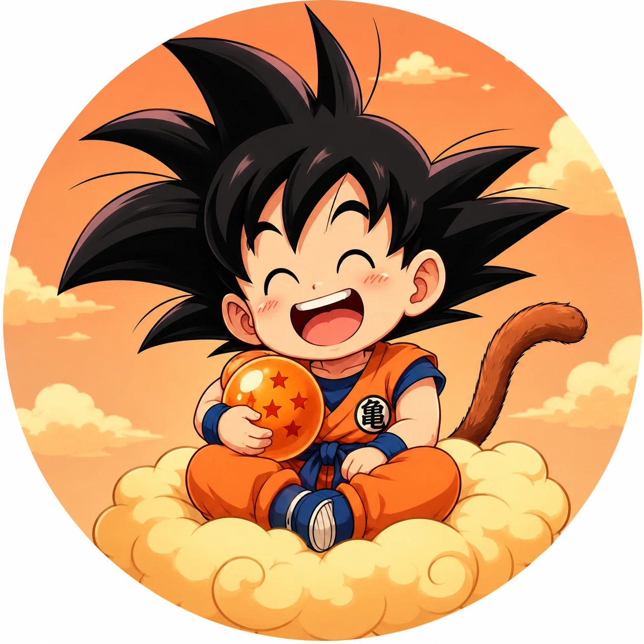 Cute chibi Goku PFP laughing on cloud, soft anime avatar