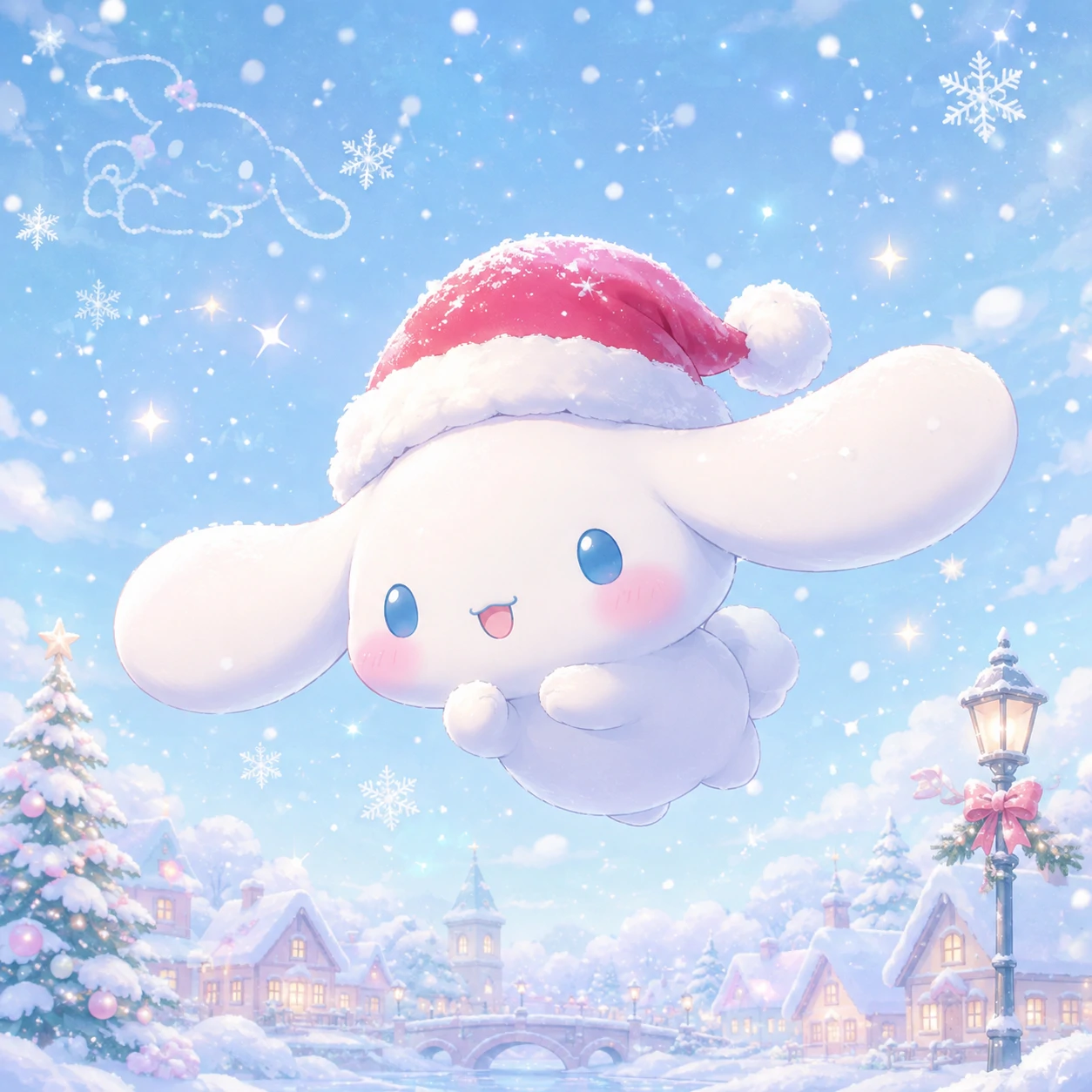 Cute Christmas PFP of a Cinnamoroll-style bunny character wearing a Santa hat in soft snow