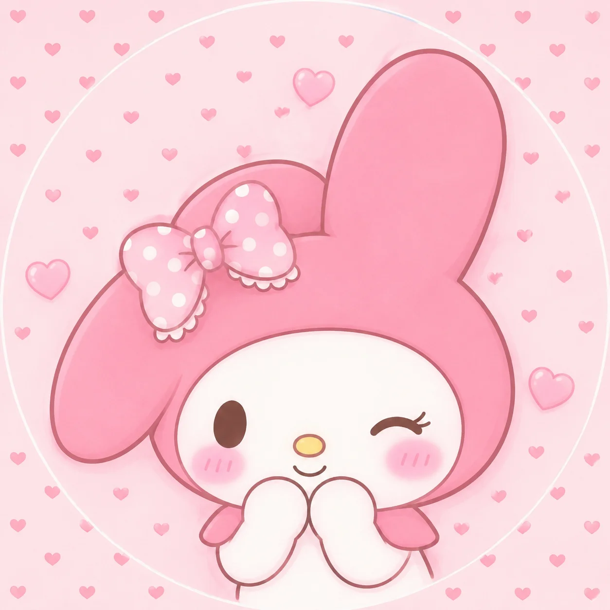 Cute kawaii My Melody PFP with mini heart background and soft pink palette