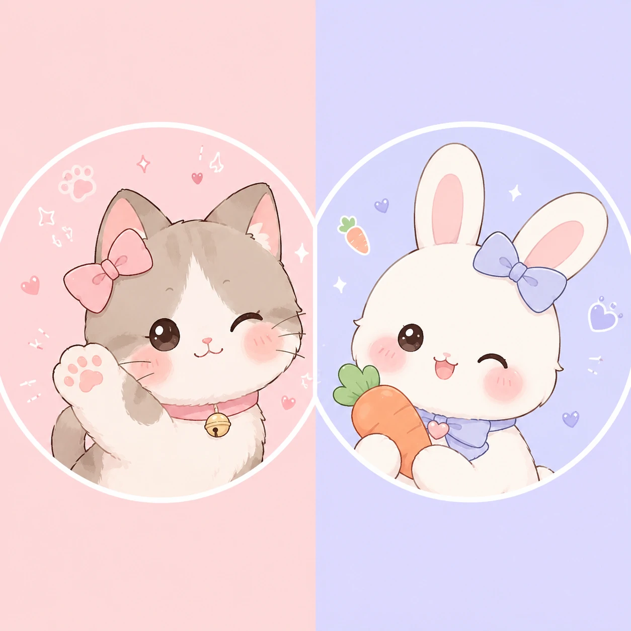 Cute matching pfp pair with cat character and rabbit character in pastel tones