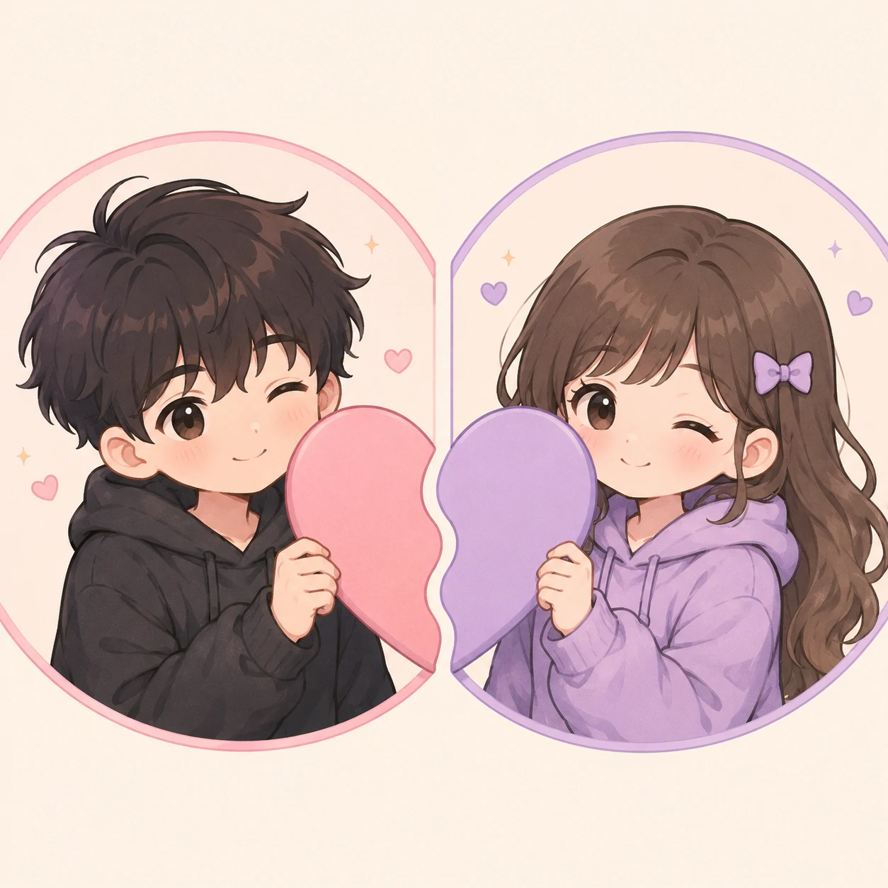 Cute matching pfp duo holding two halves of a pastel heart