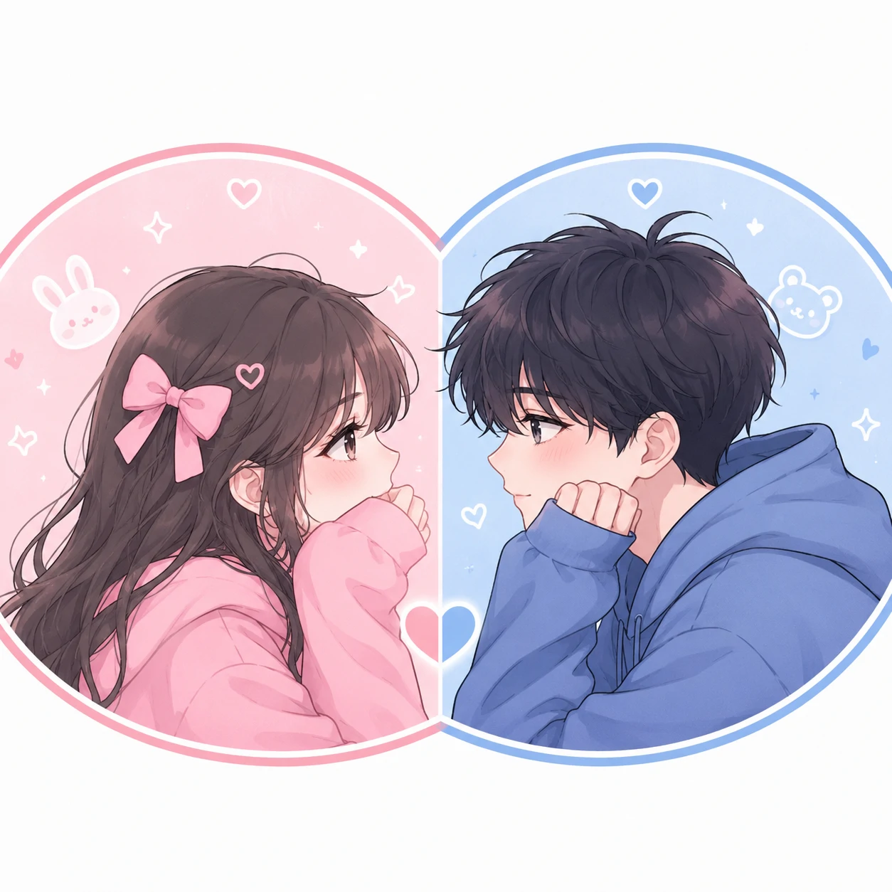 Cute matching couple pfp with pink icon and blue icon in soft anime style