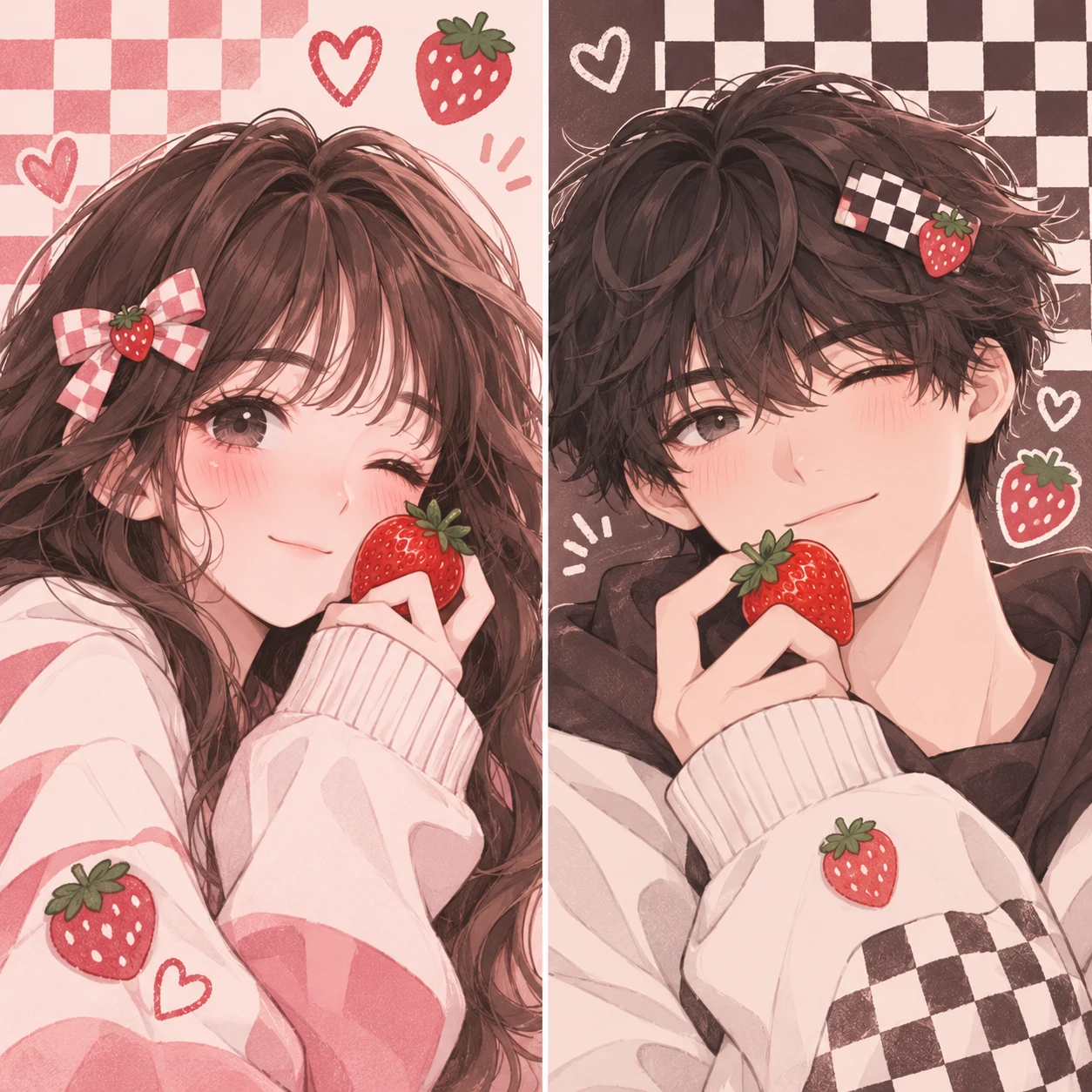 Cute matching pfp with strawberry details, checker accents, and coordinated soft colors