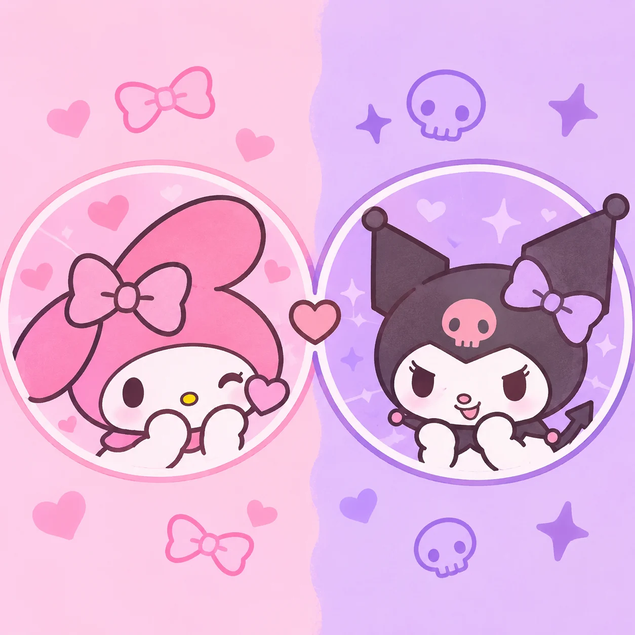 Cute My Melody and Kuromi duo PFP with pink and purple matching palette