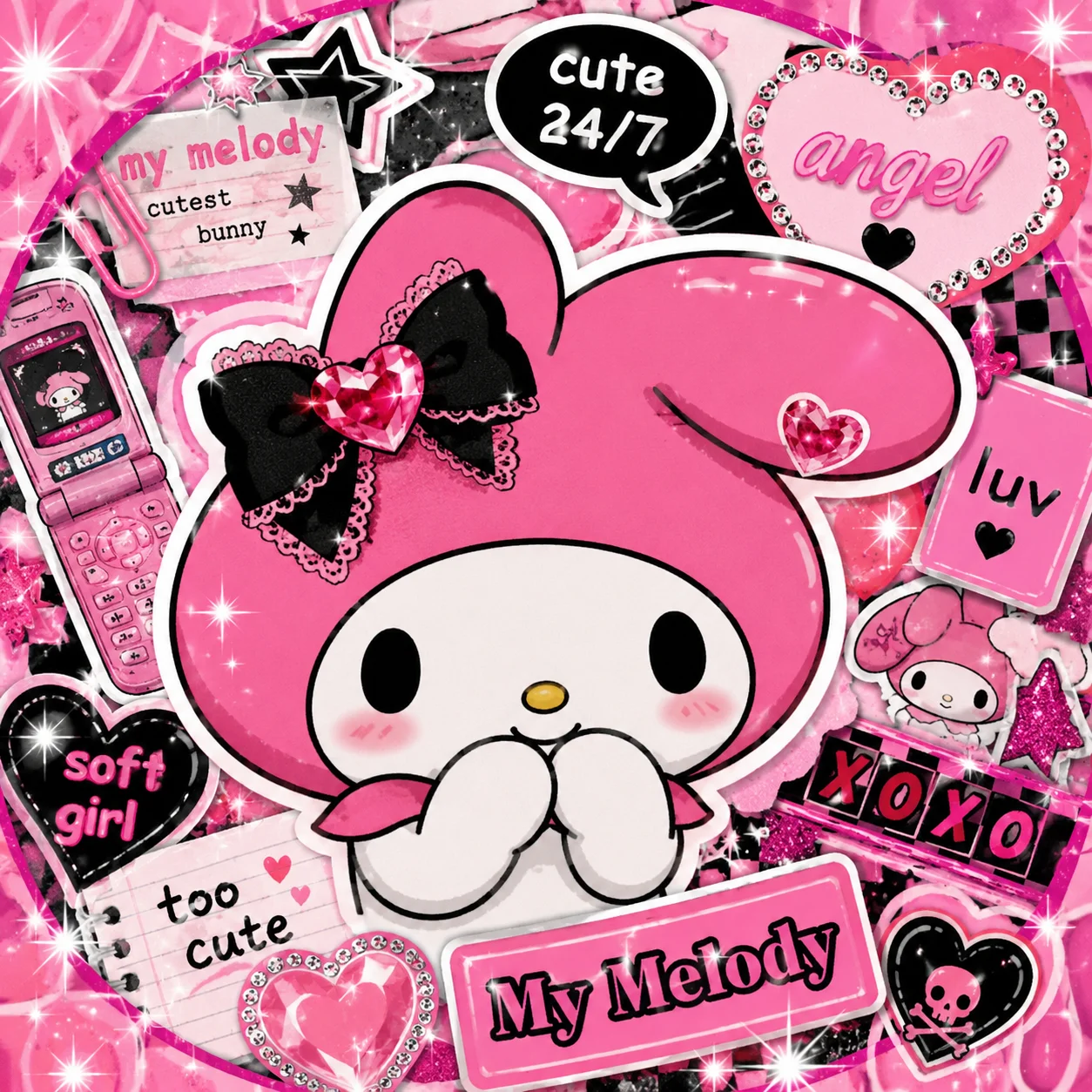 Cute My Melody Y2K PFP with sticker collage background and sparkly edits