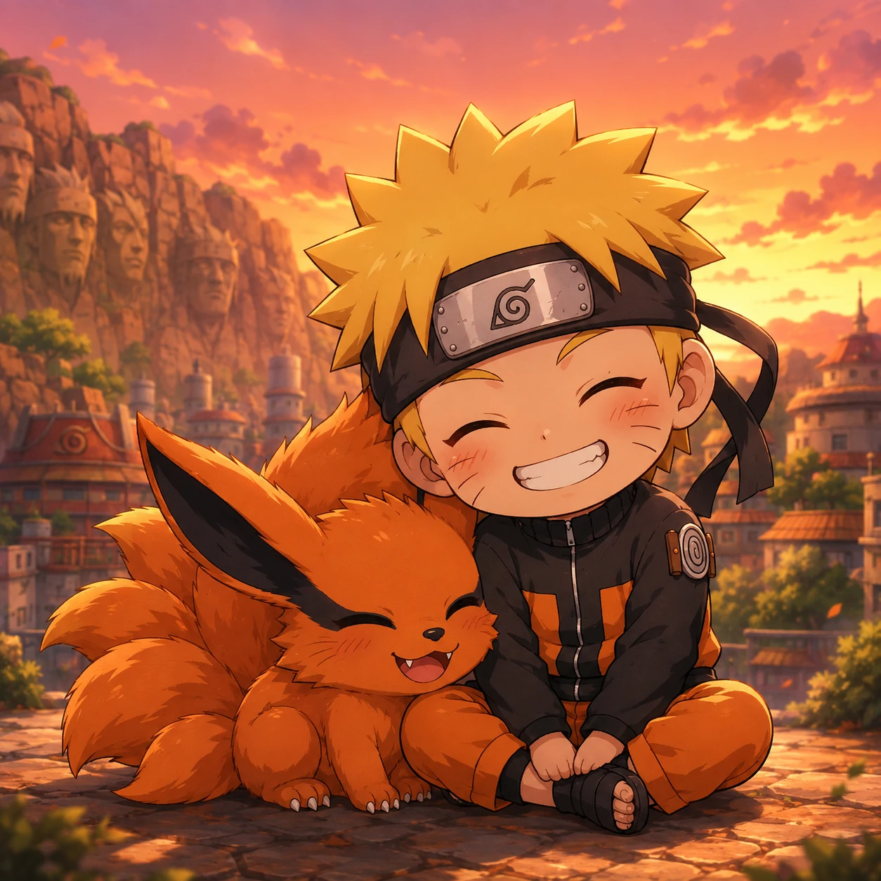 Cute chibi Naruto PFP sitting next to a small fluffy Kurama fox