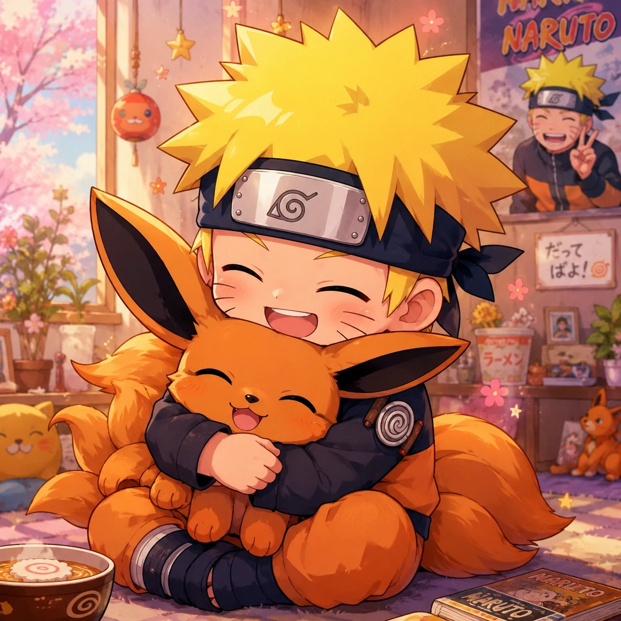 Cute Naruto PFP hugging a plush Kurama fox with pastel background