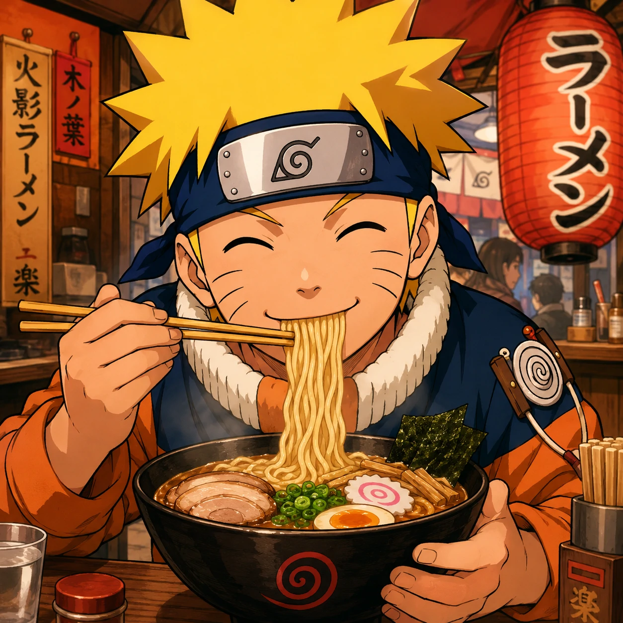 Cute Naruto PFP happily slurping ramen with chopsticks and closed eyes