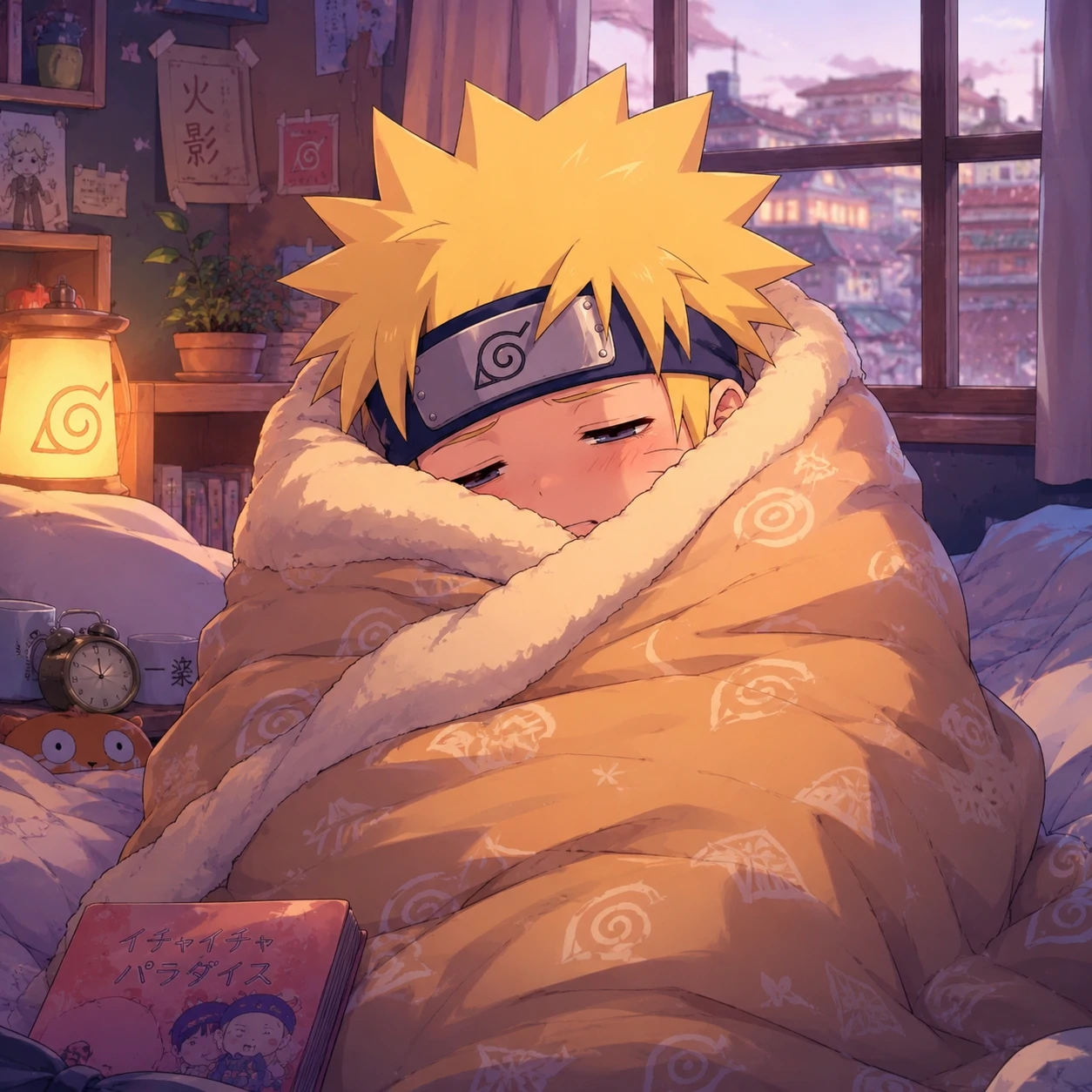 Cute sleepy Naruto PFP wrapped in a soft blanket with drooping eyes