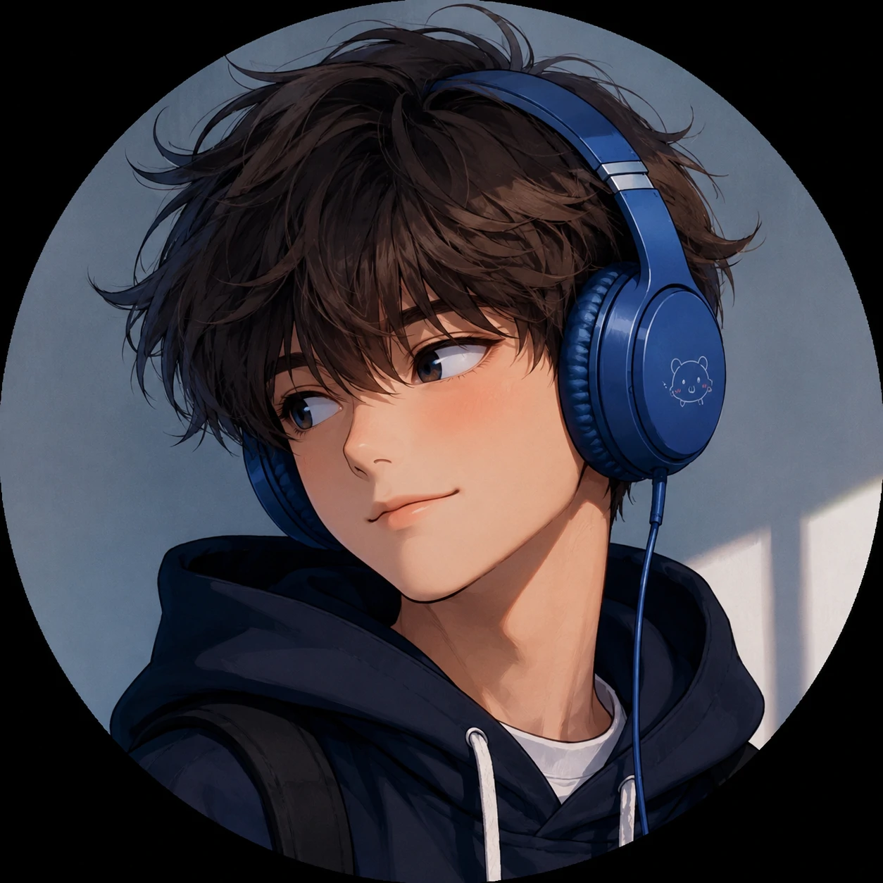 Cute boy pfp wearing blue headphones with a playful side glance