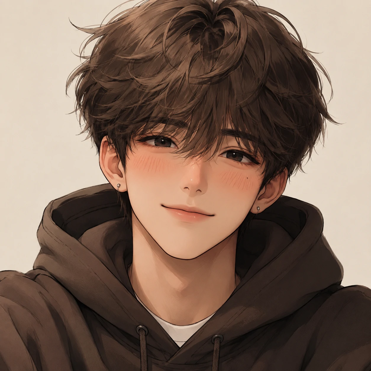 Cute soft boy pfp with brown hair, blush, and clear centered framing