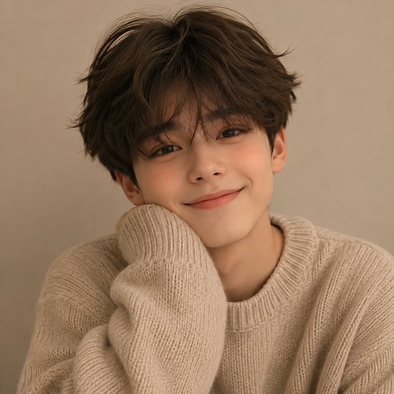 Cute boy pfp in cozy sweater with warm smile and neutral background