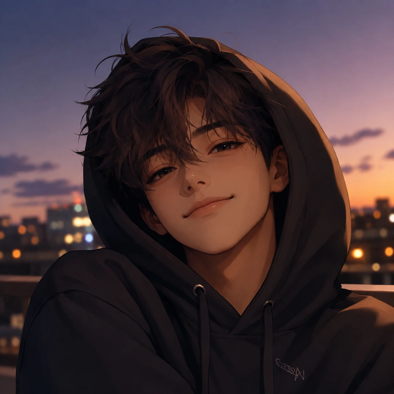 Cute boy pfp with hoodie, gentle smile, and soft evening lighting