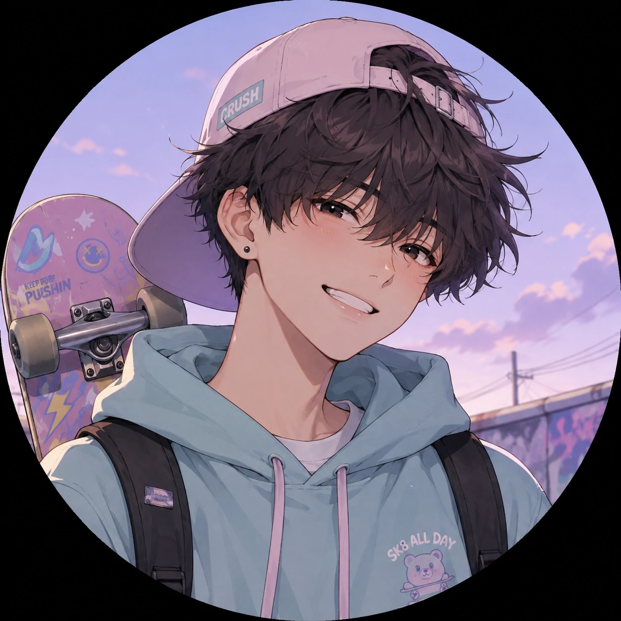 Cute boy pfp with pastel skater style, messy hair, and light grin