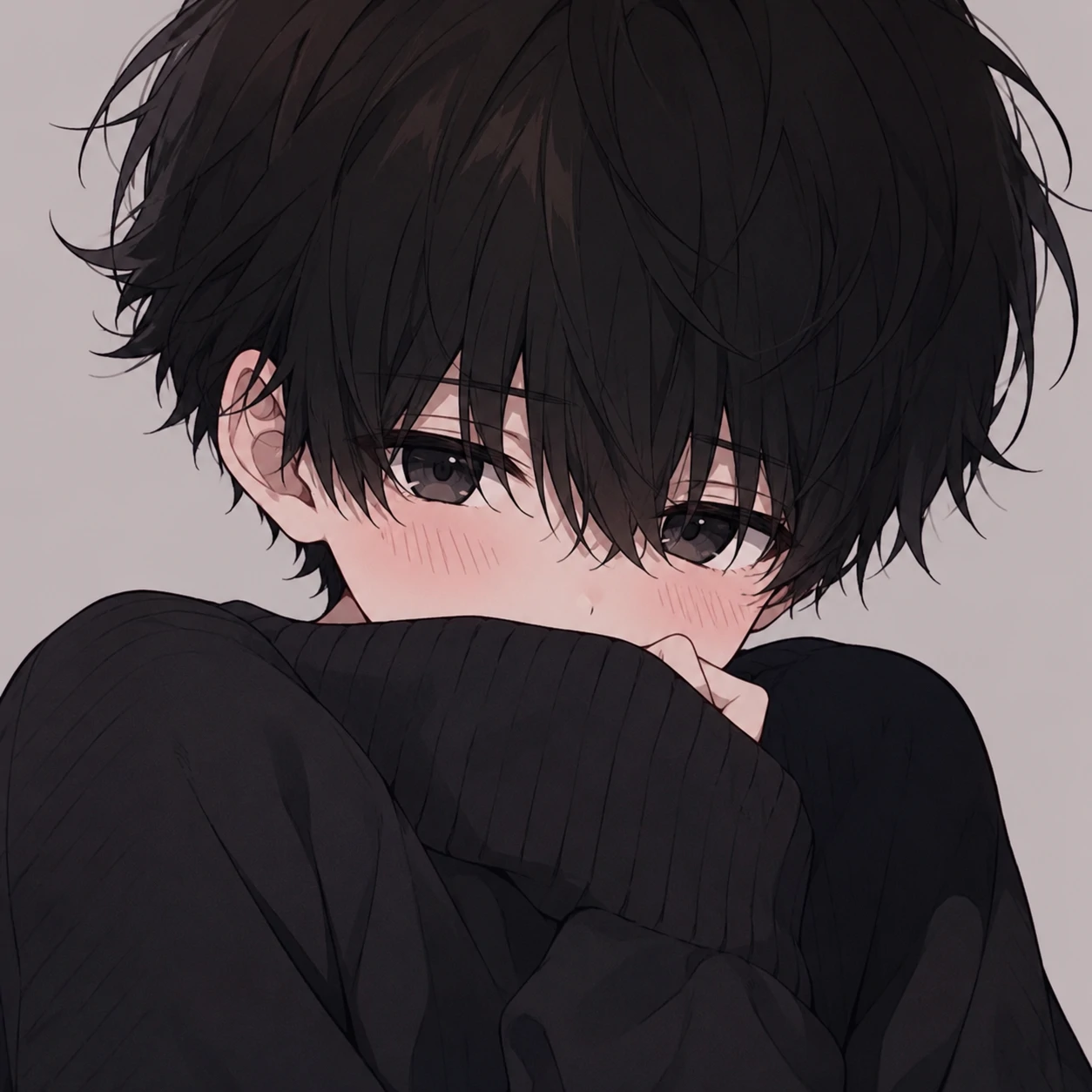 Cute anime boy pfp with shy eyes, soft blush, and dark sweater