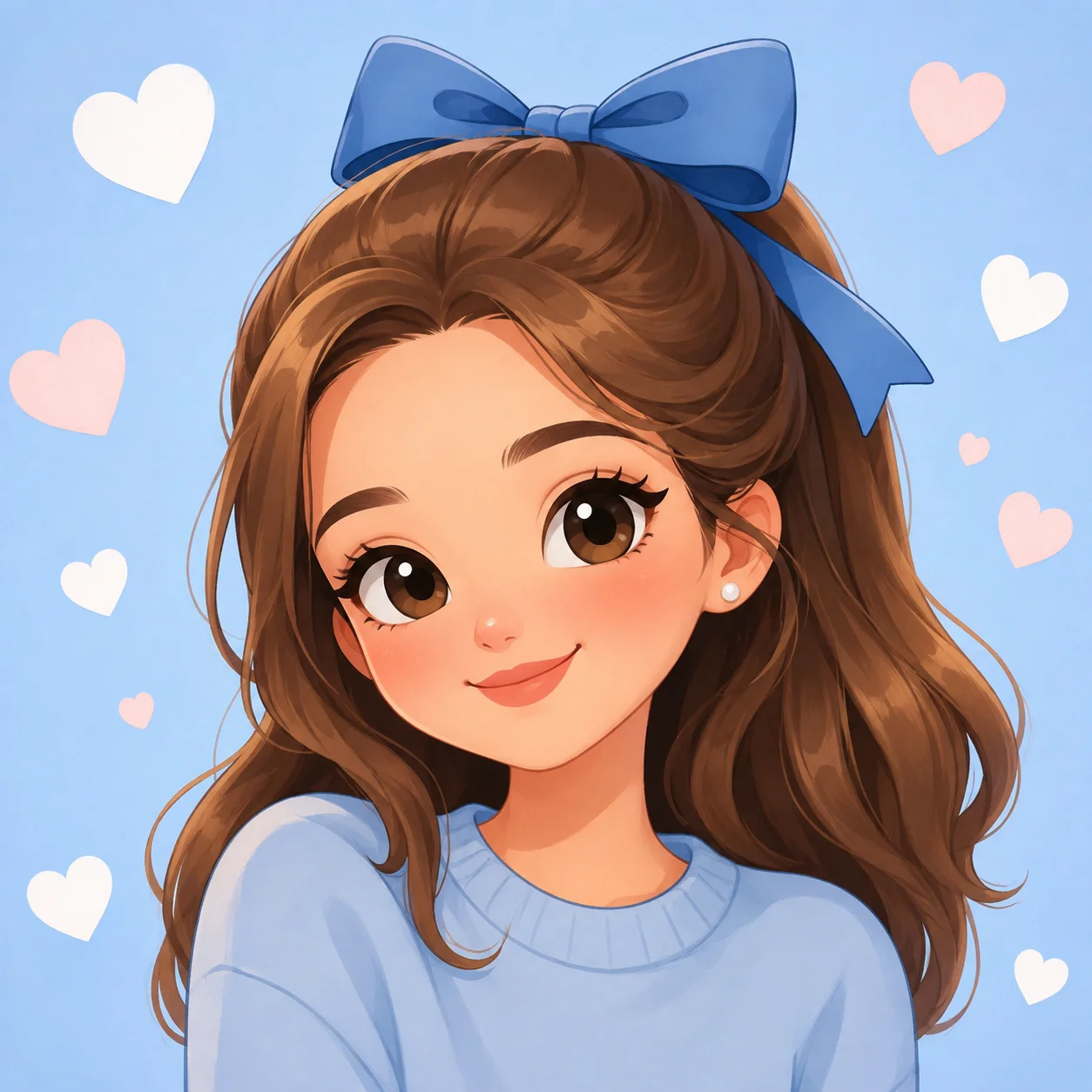 Cute preppy cartoon pfp with blue ribbon and heart background for aesthetic social profiles