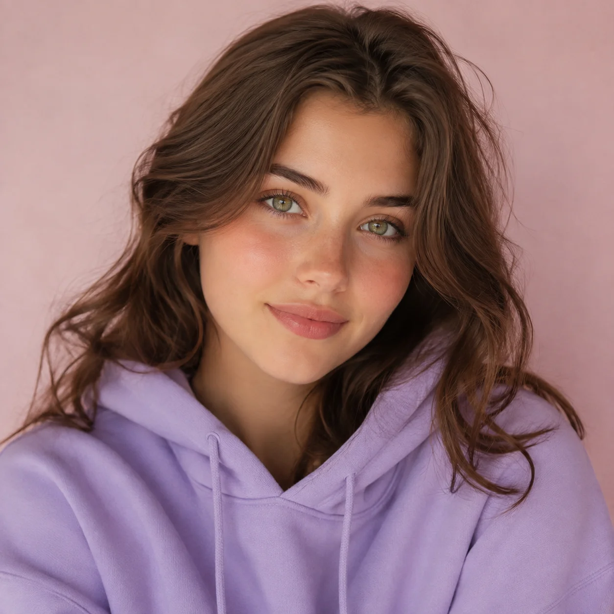 Cute preppy girl pfp in a lavender hoodie with soft blush tones for a sweet online profile