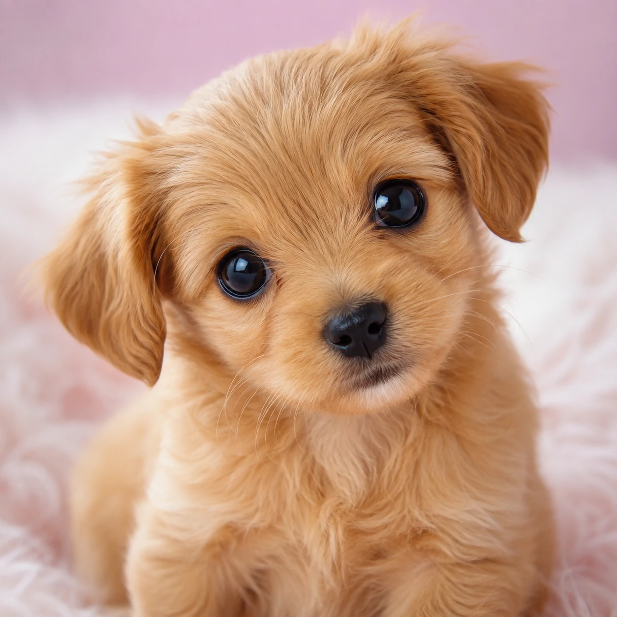 Tiny tan puppy with bright eyes sitting on a soft pastel background for a cute dog PFP
