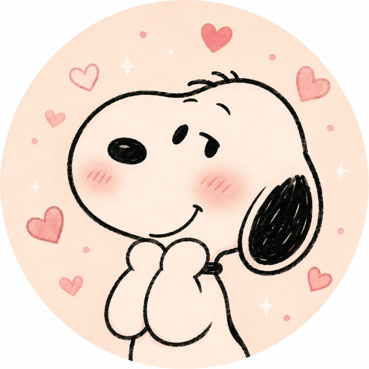 Snoopy with blush cheeks and small hearts in a cute Snoopy PFP
