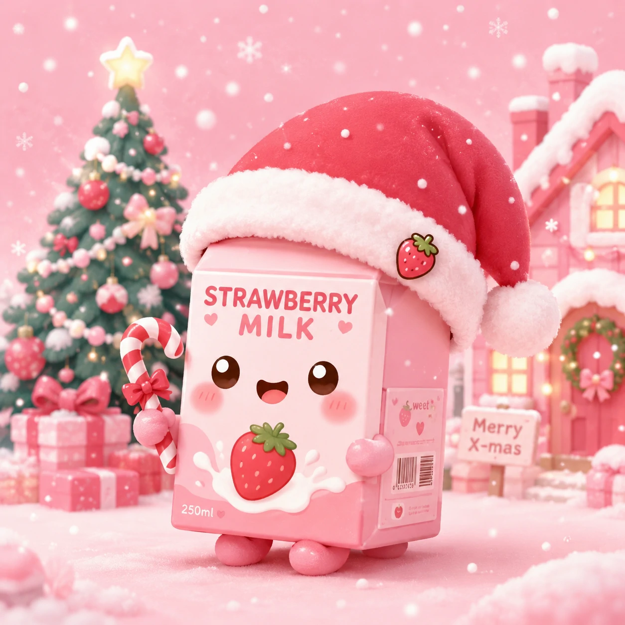 Cute Christmas profile picture of strawberry milk carton wearing a Santa hat charm on pink