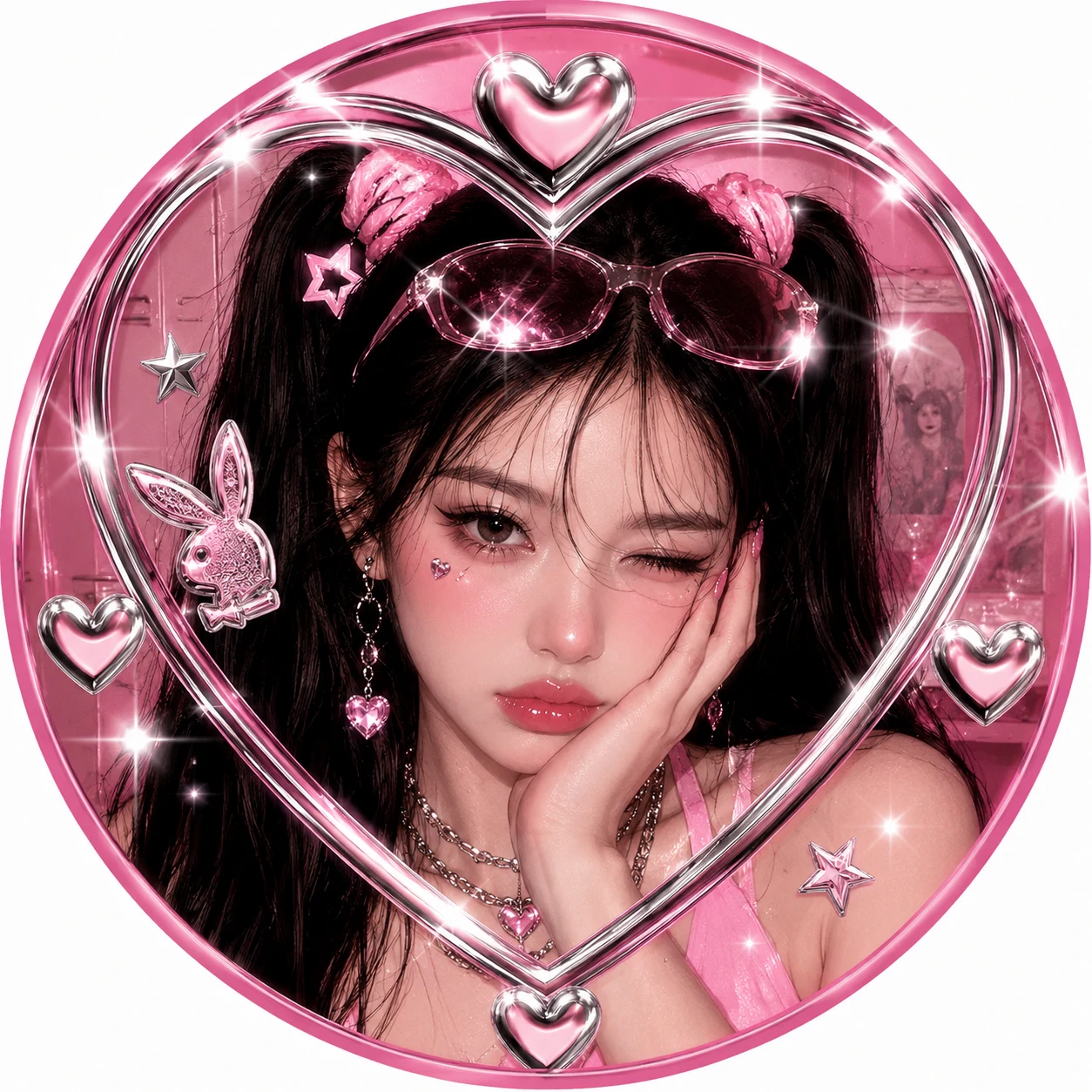 Cute Y2K pfp girl with chrome heart accents, gloss, and pink tones