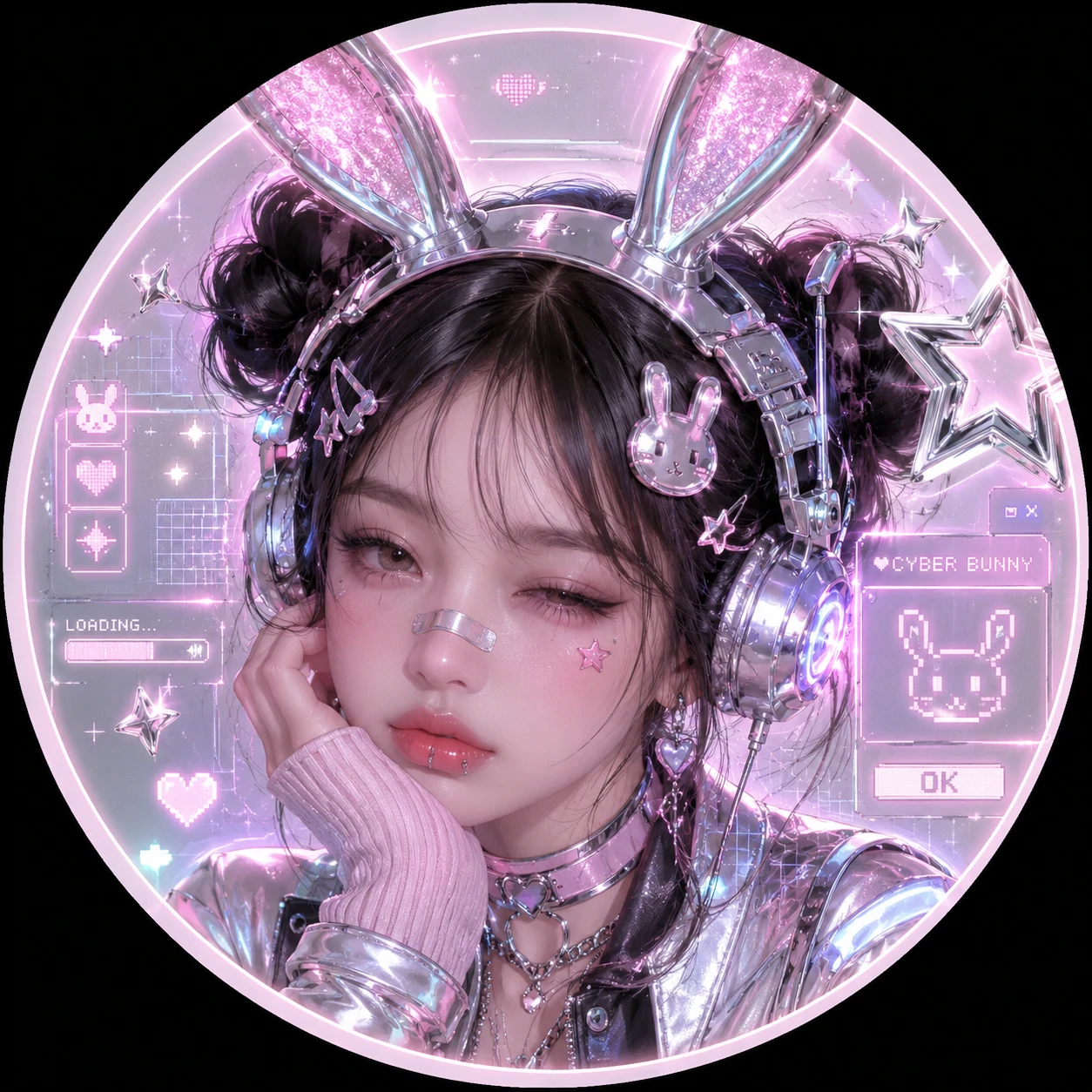 Cute Y2K pfp with cyber bunny ears, silver accents, and pastel glow