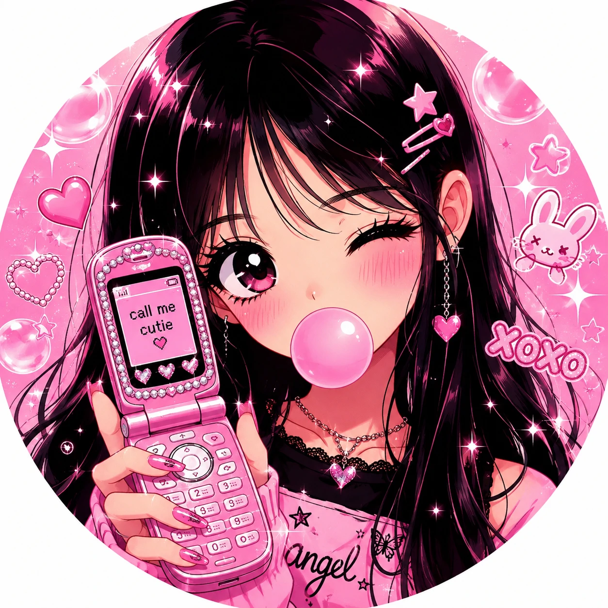 Cute Y2K anime pfp with flip phone, sparkles, and bubblegum background
