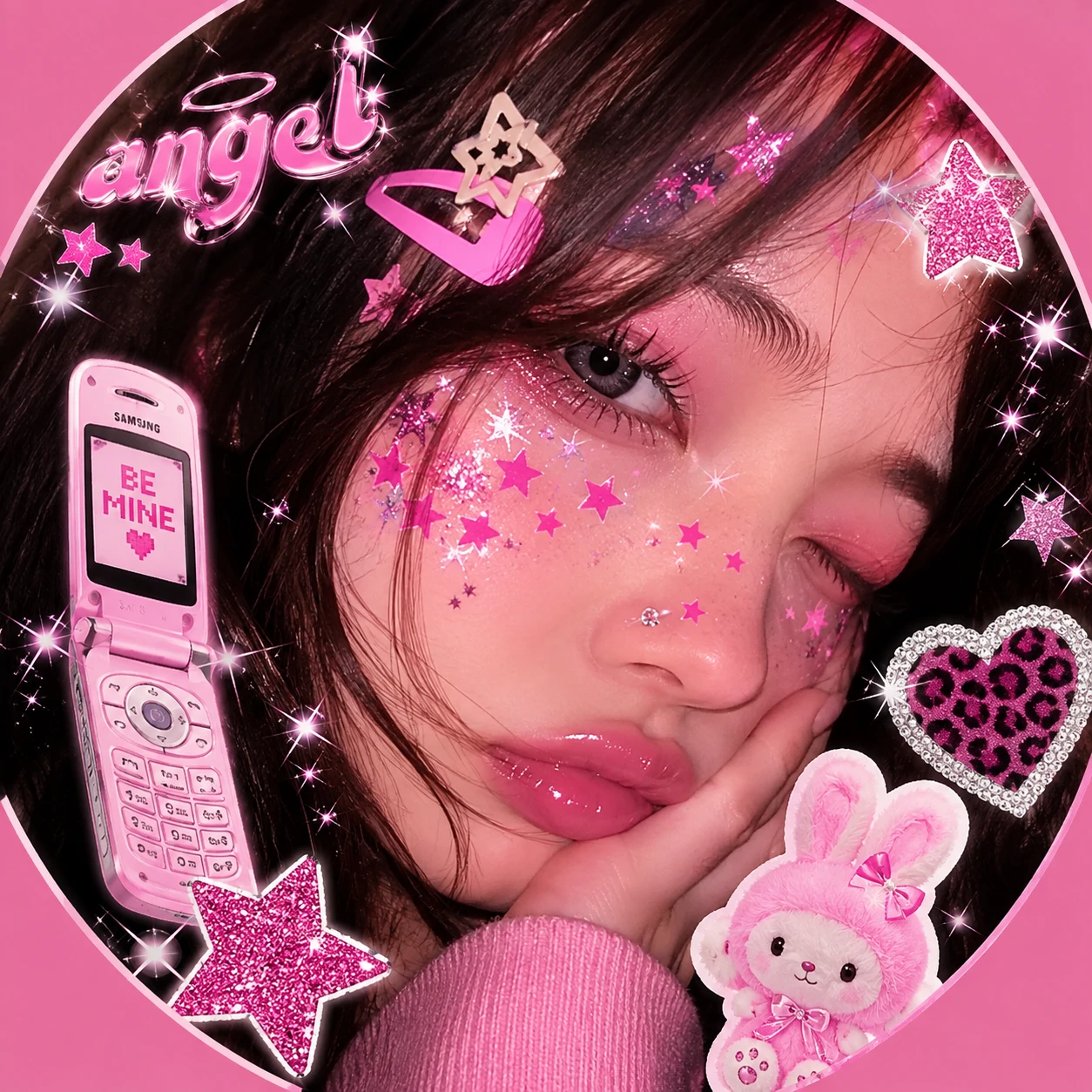 Cute Y2K pfp with pink star glitter, glossy lips, and sticker overlays