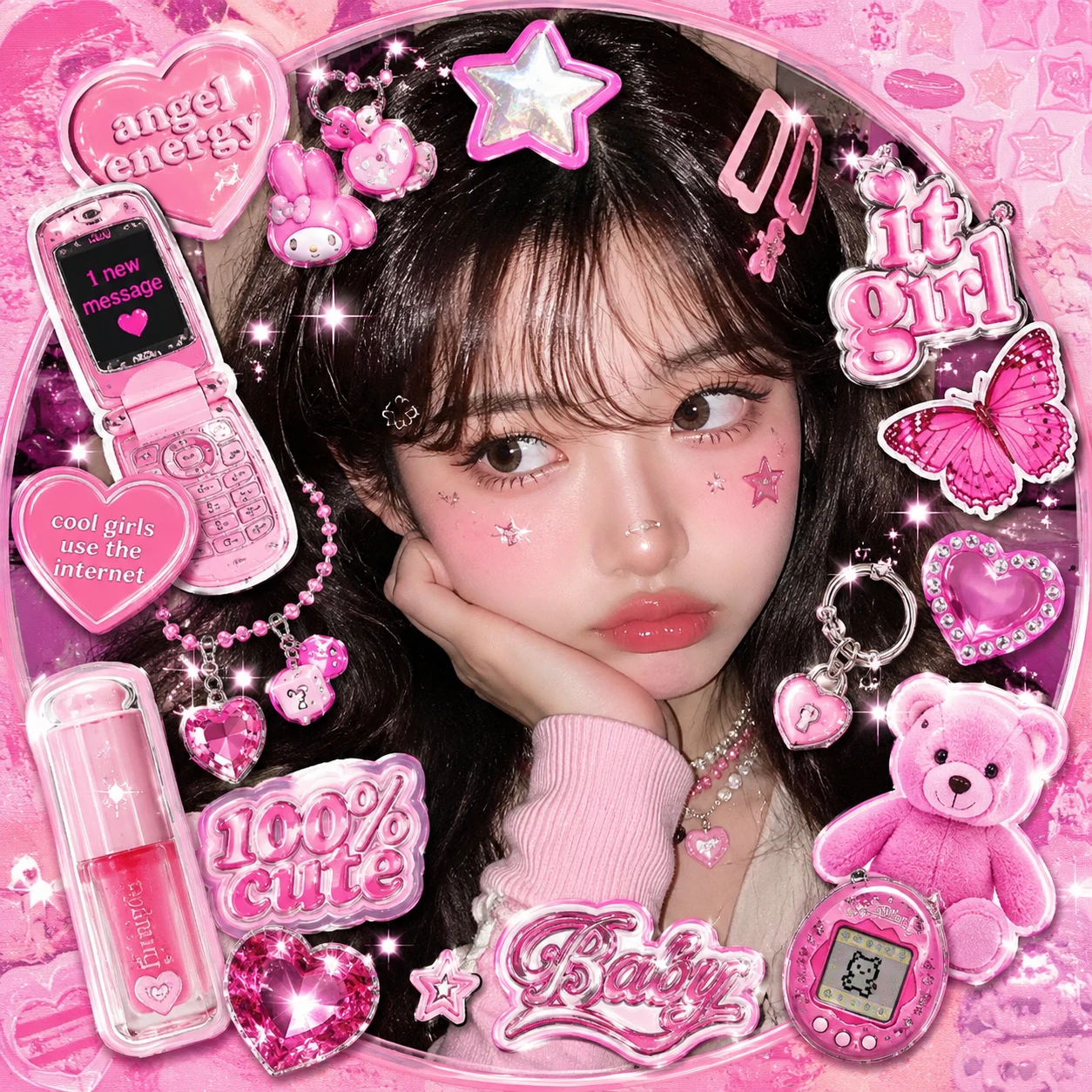 Cute Y2K pfp with pink sticker collage, tiny charms, and glossy finish