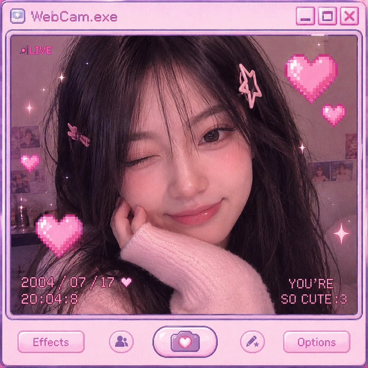Cute Y2K pfp with retro webcam framing, soft smile, and pixel hearts