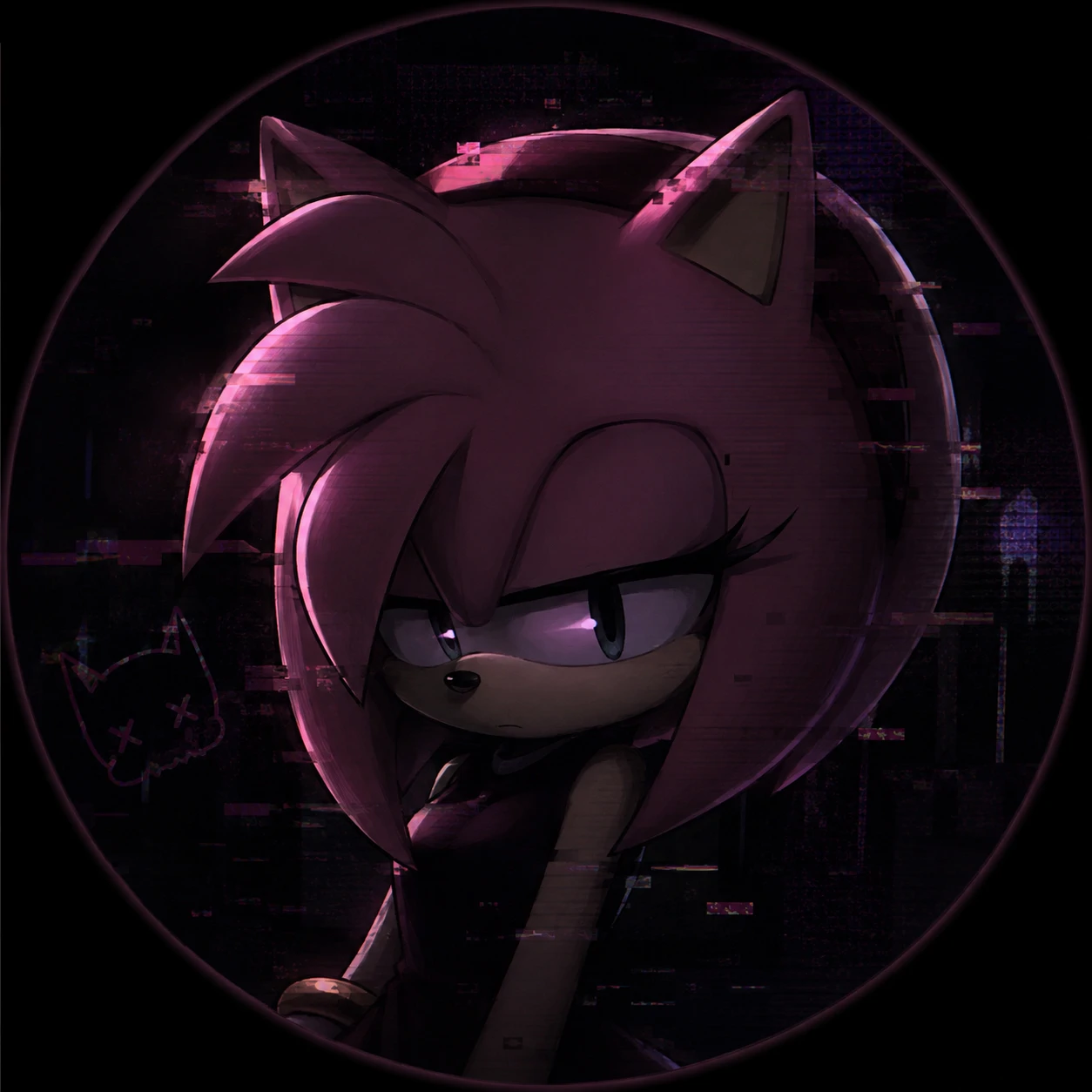 Dark moody Amy Rose PFP glitch FX icon.