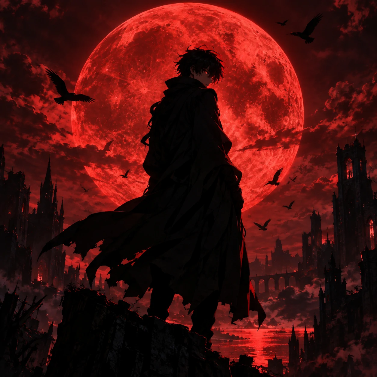 Dark anime boy icon silhouetted against a blood-red full moon