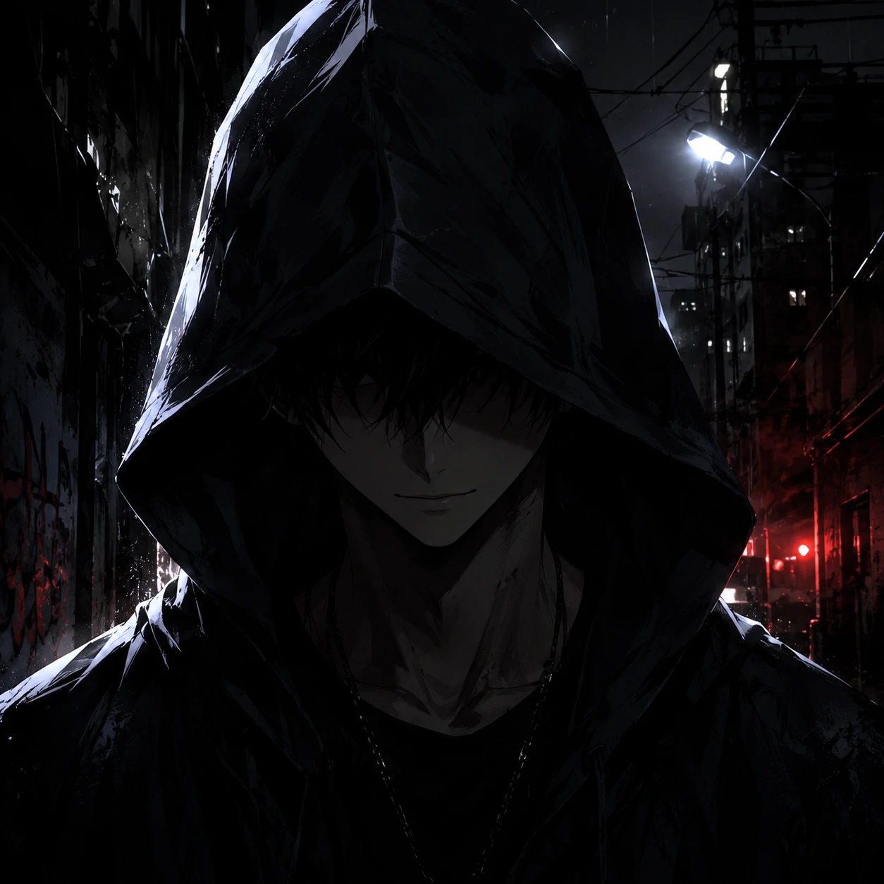 HD dark anime boy PFP with hood casting shadow over his face